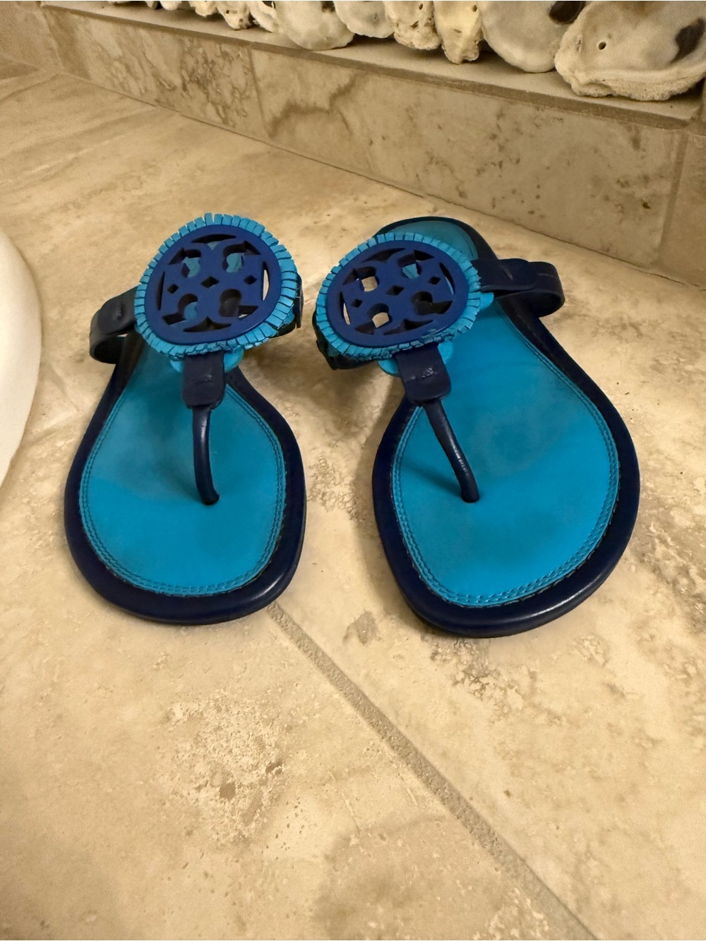 Tory Burch Blue Teal Logo Miller Sandals - Picture 2 of 6